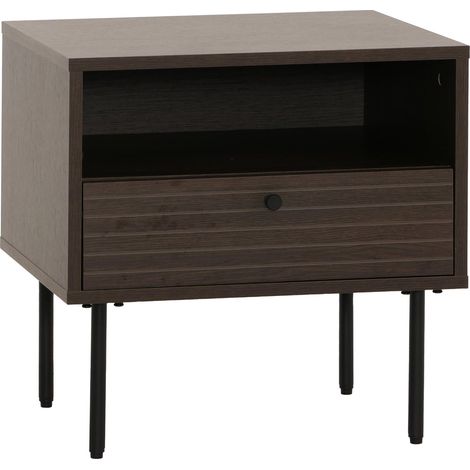 Comodino HHG-307, con cassetto, stile scandinavo metallo legno melamina MVG 50x40x50cm, marrone scuro