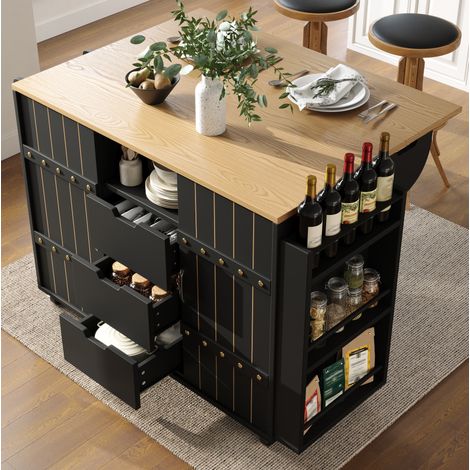 Îlot de cuisine 110x42x90 cm noir en MDF avec plateau rabattable, rangements multiples et roulettes (1/5)