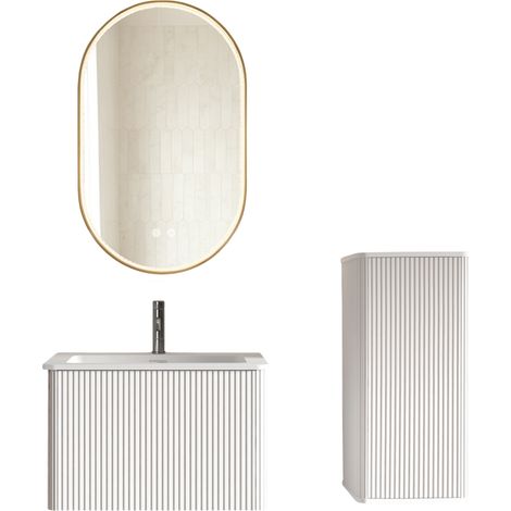 Meuble de salle de bain suspendu avec vasque, colonne de rangement et miroir LED antibuée, blanc, design rainuré pour salle d'eau moderne  CHICFURN (1/5)