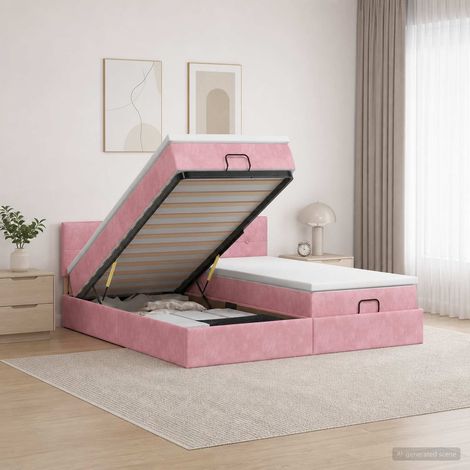 vidaXL Letto ottomano con materasso con testiera 2 pz Rosa Velluto (1/5)