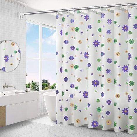 Cortinas de ducha - Mampara de ducha resistente al moho de 180 x 200 cm con flores verdes y moradas con ojos, apta para baño y ducha. (1/2)