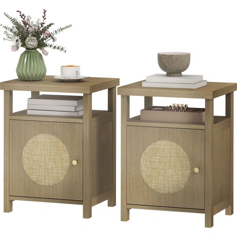 Lot de 2 tables de chevet étroite table d'appoint compartiment ouvert placard finition en rotin, 40 x 35 x 55 cm marron (1/5)