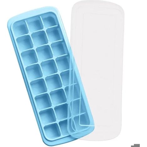 Bac à glaçons en silicone à 24 compartiments avec couvercle, bac à glaçons carré facile à démouler, empilable, réutilisable (bleu) (1/5)