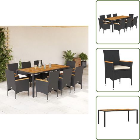 The Living Store 9-tlg. Garten-Essgruppe mit Kissen Schwarz Poly Rattan Akazie - Gartenmöbel Set - Esstisch - Gartenstühle - Outdoor Möbel - Balkonmöbel