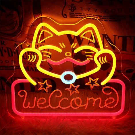 Welcome Neon Lucky Cat décoration d'ambiance, panneau en acrylique en forme de plaque de base lumineux interface USB, cadeau de festival, Lucky Cat (1/5)