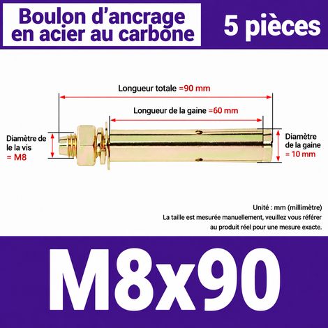 Goujon d'ancrage cheville métallique à expansion M8 x 90 mm lot de 5 m8x90 5 pièces 10mm 1 kg – Livraison gratuite