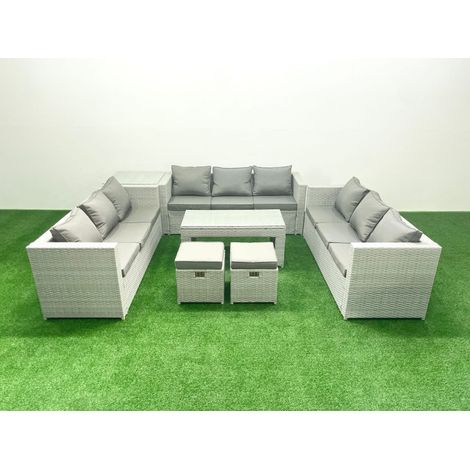 Fimous Ensemble de meubles d'extérieur en rotin 11 places avec Table basse oblongue 2 Petits tabourets Table d'appoint Gris clair mixte (1/5)