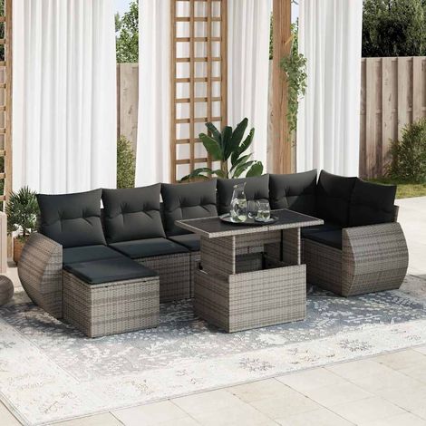 Salon de jardin 8 pcs avec coussins gris résine tressée (1/5)