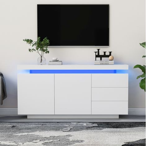 Aparador LED blanco brillo 140 x 35 x 72,5 cm, 2 puertas, 3 cajones HAVRYA (1/5)