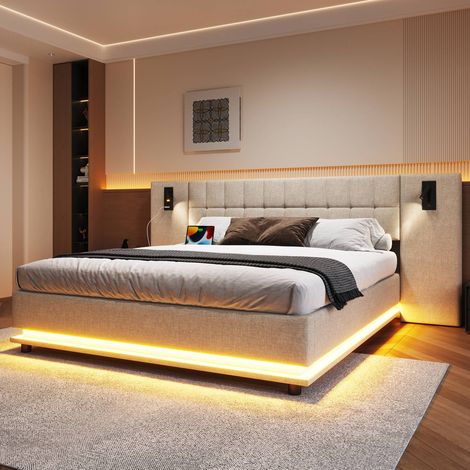 Sommier 180 x 200 cm toile beige led tête spots usb sans matelas (1/5)