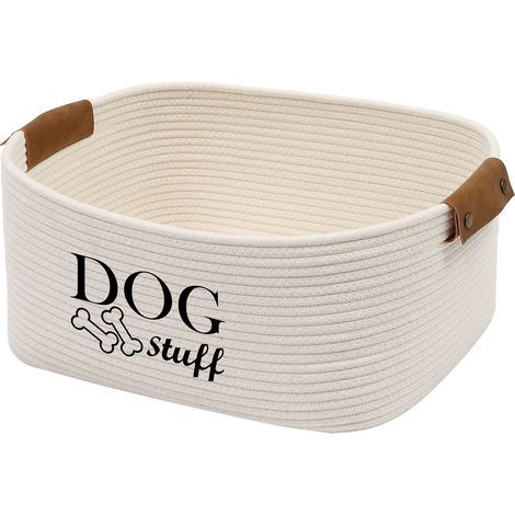 carré Panier de Rangement en Corde de Coton pour Jouets pour Chien, avec poignée en Simili Cuir,Panier pour Organiser-Beige (1/5)