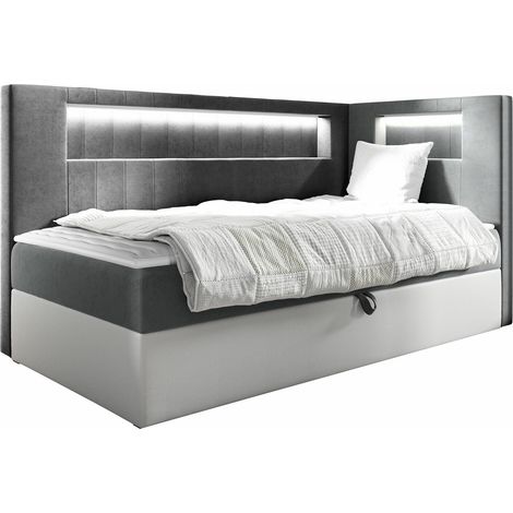 Cama continental Lucus VIII, Soft 017 + Fresh 14, Continental, Individuales, 80x200, Tapiz, Cuero ecológico, Somieres, 92x212x104cm, LED (1/5)