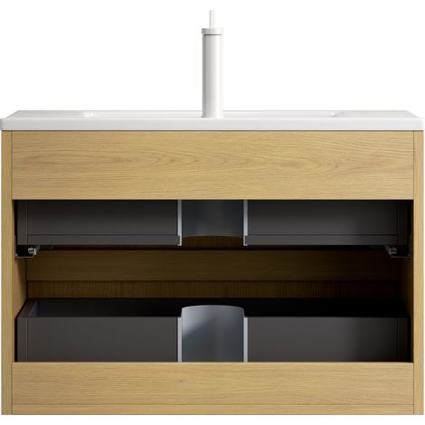 Mueble de baño suspendido 75 cm con lavabo de cerámica blanco y 2 cajones, roble miel (1/5)