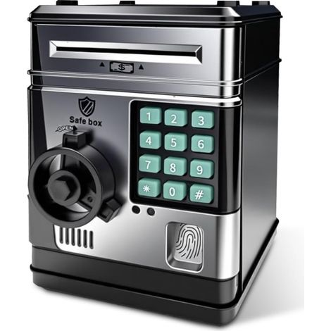 Elektronischer Spardosen-Tresor mit ATM-Passwort, zieht Bargeld automatisch ein, Geburtstags- und Weihnachtsgeschenk für Jungen und Mädchen (Schwarz)