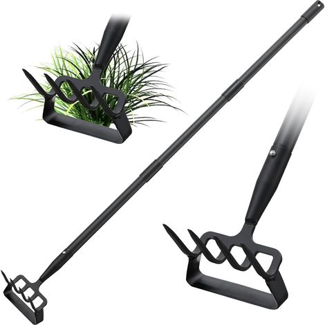Binette de jardin 2 en 1, 188 cm de long manche pour désherbeur et cultivateur, outil de jardinage ergonomique avec lame tranchante et 4 dents, étrivière en acier au carbone robuste pour désherber (1/5)