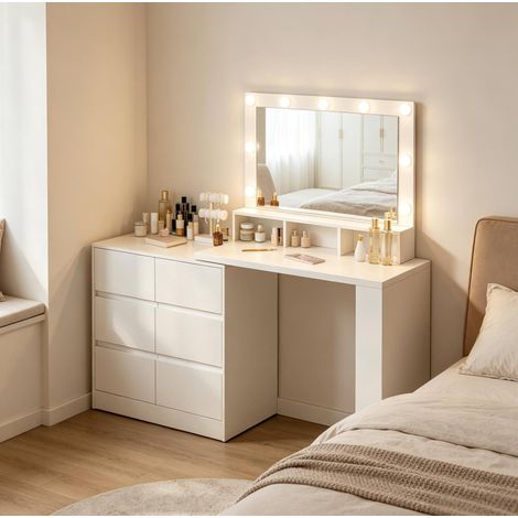 Tocador modular blanco con espejo LED, 6 cajones y estantes OKWISH (1/5)