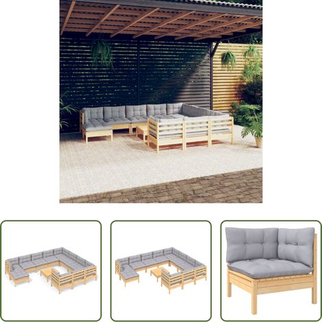Holzgartenmöbel -  12-tlg. Garten-Lounge-Set mit Grauen Kissen Kiefernholz (1/5)