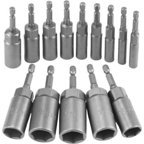14 Pièces Approfondir Douille Visseuse a Choc Kit,6-19mm Embout Visseuse pour Douille, Adaptateur Hexagonal jeu de Douille pour Visseuse, pour Clé à Douille, Perceuse à Main (1/5)