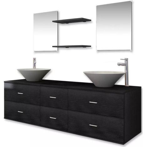 Meuble de salle de bain 15 pièces bois laqué noir Val (1/5)