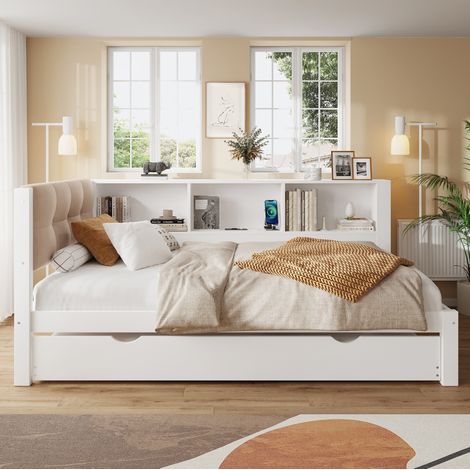 MEUBLIV Cama 90x200 cm blanca, con cama nido, LED y USB, sin colchón (1/5)