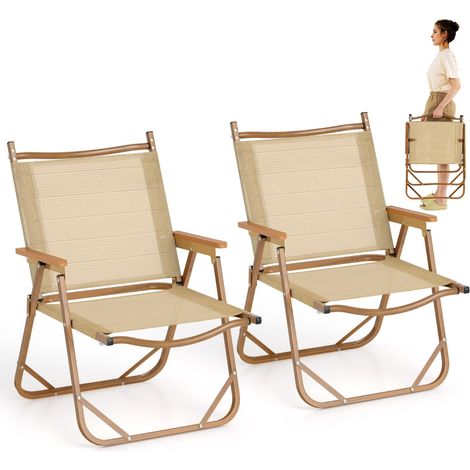 Set 2 sedie campeggio pieghevoli braccioli esterni Sedie spiaggia leggere telaio alluminio Beige (1/4)