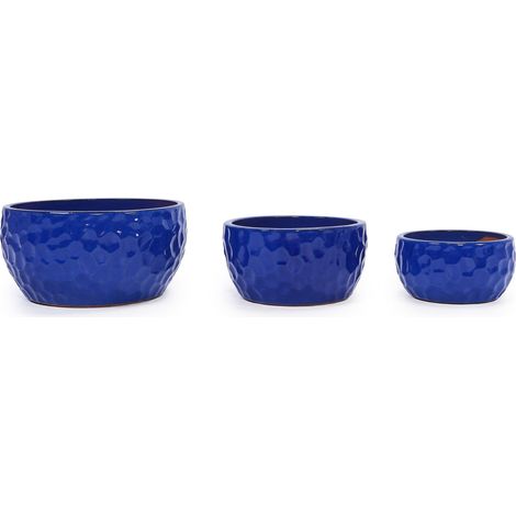 Set di 3 vasi in ceramica fatti a mano, blu antico, texture martellata, per interni ed esterni (1/5)
