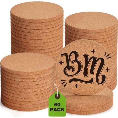 Lot de 60 dessous de verre en liège épais et absorbants pour la gravure au laser, protection de table, soucoupes pour boissons, combustion du bois, loisirs créatifs, cadeaux en résine, 10,2 (1/5)