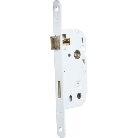 Serrure à encastrer axe 40 mm pour Porte de Salle de Bains et Toilettes, fermeture par Bouton, coloris Blanc (1/5)
