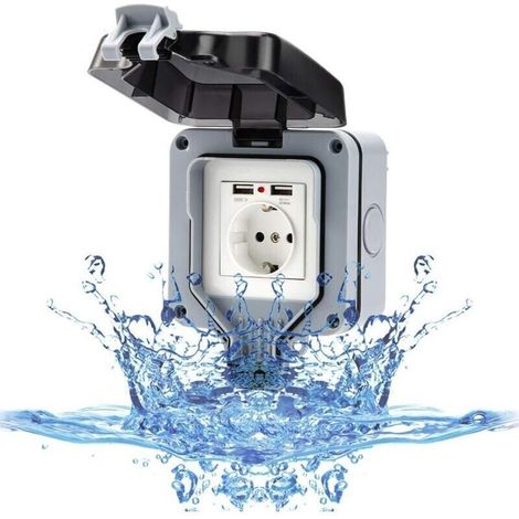 Prise murale extérieure avec prise USB pour l'extérieur, prise étanche IP66, prise de jardin, montage en saillie, contact de protection pour pièces humides, extérieur avec clapet (1/5)