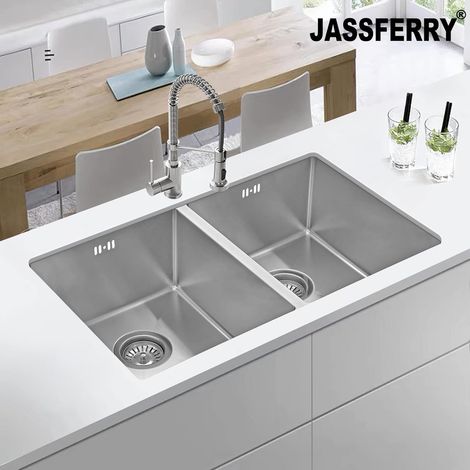 JASSFERRY Kitchen Sink Undermount  1.2mm Thickness Square Stainless Steel  2 Bowl with Waste Pipes, 745 X 440 mm