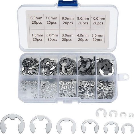 Anneaux élastiques externes en acier inoxydable 304, assortiment de 200 anneaux élastiques de 1,5/2/3/4/5/6/7/8/9/10 mm, usages divers. (1/4)