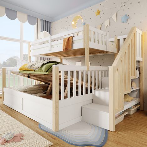 Lit mezzanine superposé 90x200 cm + 140x200 cm avec échelle rangement, système hydraulique, bois, idéal chambre enfant ou fratrie – BATDTECH (1/5)
