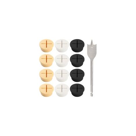 Lot de 12 passecâbles de bureau de 25 mm, en silicone souple, avec perçage, pour mobilier de bureau, noir/blanc/jaune (1/5)