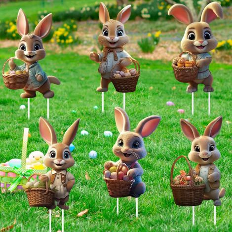 6 Pièces Piquets de jardin, Lapin de Pâques, Panneau creux, Résistant à l'humidité, Pour extérieur, Jardin, Fête de printemps (1/5)