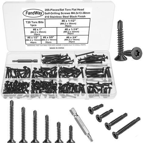 205 Pièces Torx Vis Autoforeuse Metal Noir,M4.2 Vis à Tôle Autotaraudeses et Autoperceuse Autoperforante Inox 410 Torx Tête Fraisée Plate pour Aluminium Bois Tôle Plastique.Avec 1 TX20. (1/5)