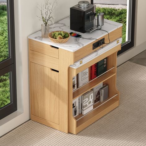 Îlot de cuisine roulant extensible, prises électriques, 2 tiroirs, pour cuisine et salle à manger, effet naturel, plan de travail pratique et modulable, rangement intégré (1/5)