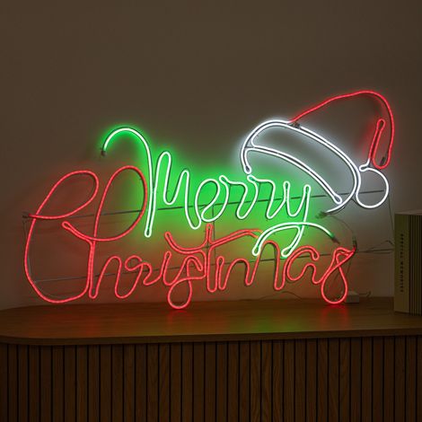 94cm x 53cm Light up Merry Christmas Neon Sign with Flashing Santa Hat (1/5)