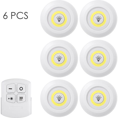 veilleuse-Pack de 6 lampes LED COB sans fil avec télécommande – Réglage luminosité/timer – Pour placards, escaliers, portes (installation facile, piles AAA) (1/5)
