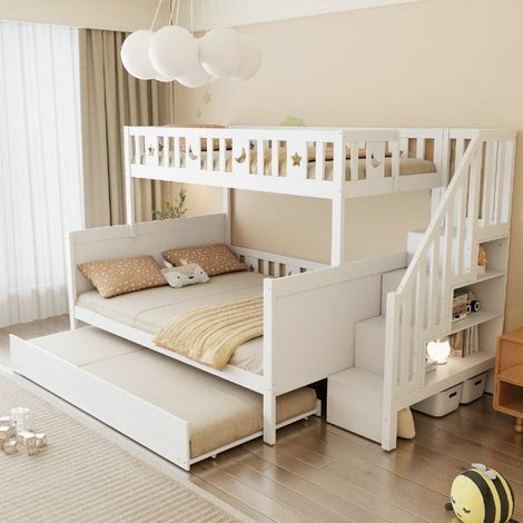 Lit superposé enfant 90x200/140x200 cm avec escalier, lit gigogne et sommier à lattes, blanc (1/5)