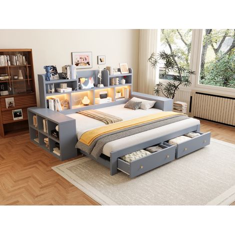 Canapé lit gigogne en bois 90x200 cm extensible 180x200 cm avec sommier à lattes - banquette convertible avec rangement led et prise pour chambre salon - mdf gris (1/5)