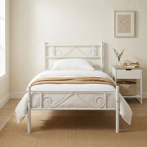 FurnitureR Metal Bed Frame, Elegant Frame with Ornate Headboard and Footboard, Sturdy and Easy to Assemble, for Bedroom, Studio, Apartment, Single, Suitable for 90x190CM Mattress, White