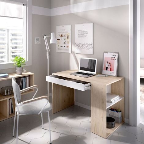 Mesa escritorio TEO DEKIT con estante y 1 cajon natural / blanco (1/10)