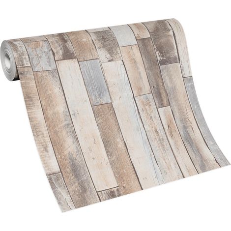 Papier peint effet parquet multicolore pour salle de bain Tapisserie beige crème imitation bois Papier peint moderne pour couloir bord de mer (1/5)