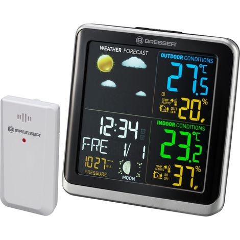 Bresser ClimaTemp TB 7007201 Stazione meteo wireless con sensore da esterno, stazione meteo con display a cristalli liquidi a cristalli liquidi LCD a colori e due sveglie, nero grigio (1/5)