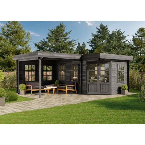 Alpholz – Abri de jardin bois pentagonal 618 x 462 cm – Épaisseur 40 mm – Double porte en bois collé – 5 fenêtres ouvrantes – Gris imprégné (1/5)