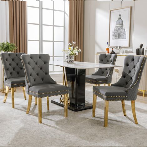Lot de 4 chaises velours gris/or - Dossier anneaux & tête de clou - Pieds or inox - Cuisine/salon - Rembourrées (1/5)