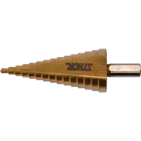 Sthor 22612 - Broca escalonada HSS titanio, ideal para metal, madera y plástico, tamaño 4-20 mm, dorado. (1/4)