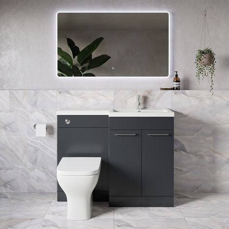 Napoli 390 Gloss Grey 1100mm 2 Door Vanity Unit Toilet Suite with Square Right Hand Lucia Basin - 1100mm - Chrome 160mm HandleWith Kingston Toilet Pan and Seat