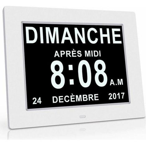 Orologio elettronico con display LCD, caratteri grandi e chiari, regolazione automatica della luminosità, conversione dell'ora in otto lingue (bianco) (1/4)