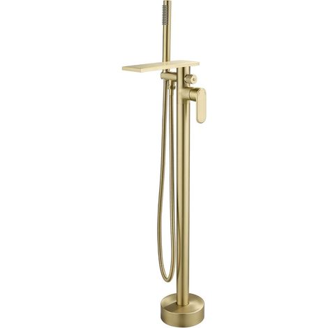 Mitigeur Monocommande bain, Robinet de Baignoire sur Pied, Laiton,Or Brossé (1/5)